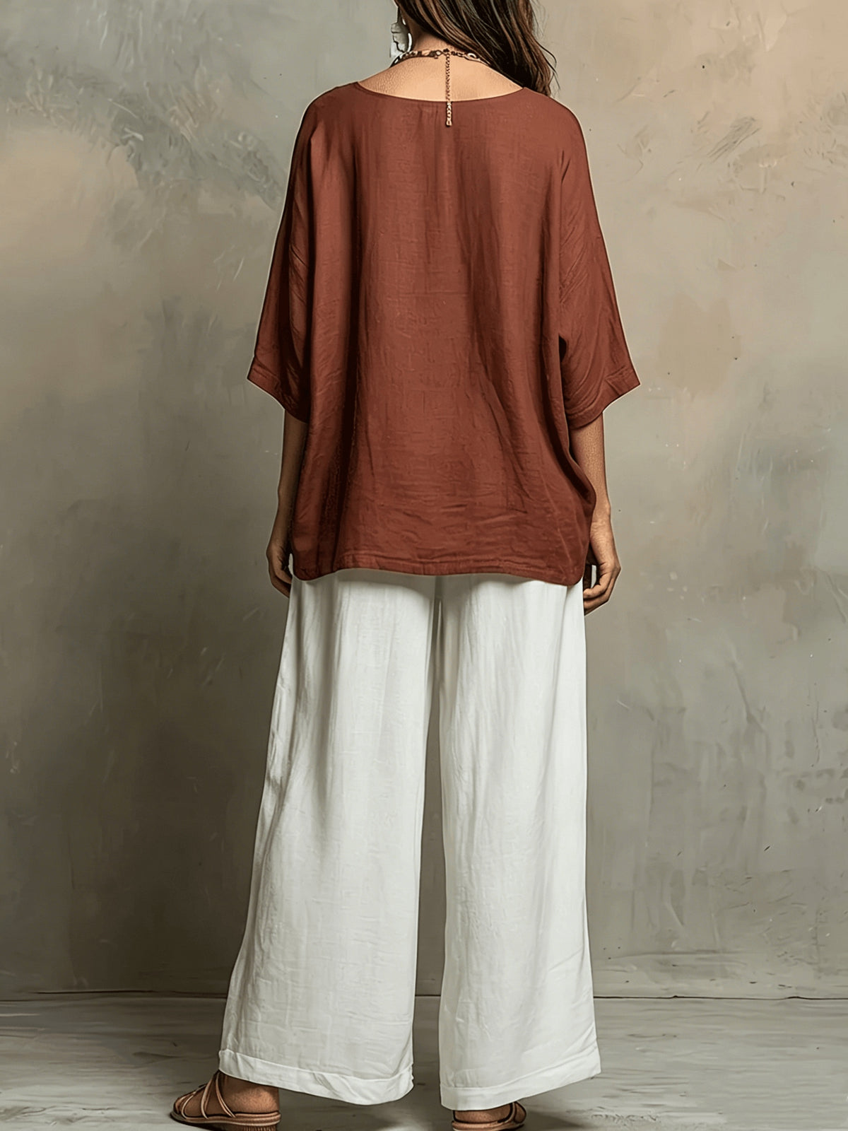 Bohemian Spring Summer New Loose Elegant Color-Block Set Women'S Round Neck Short Sleeve Solid Top And High-Waist Wide-Leg Pants 2pcs Set Western Casual Vacation Suit - Rust