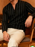 Men'S Casual Striped Long-Sleeve Shirt – Black with Vertical Stripes, Button Henley Neckline, Medium Stretch Knit Fabric, Perfect for Casual Wear in Spring And Autumn, Spring/Summer Clothing | Striped Shirt | Medium Stretch Fabric - Black