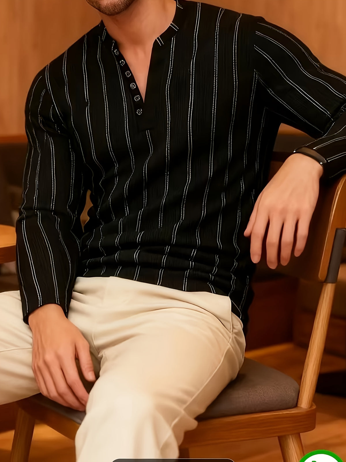 Men'S Casual Striped Long-Sleeve Shirt – Black with Vertical Stripes, Button Henley Neckline, Medium Stretch Knit Fabric, Perfect for Casual Wear in Spring And Autumn, Spring/Summer Clothing | Striped Shirt | Medium Stretch Fabric - Black