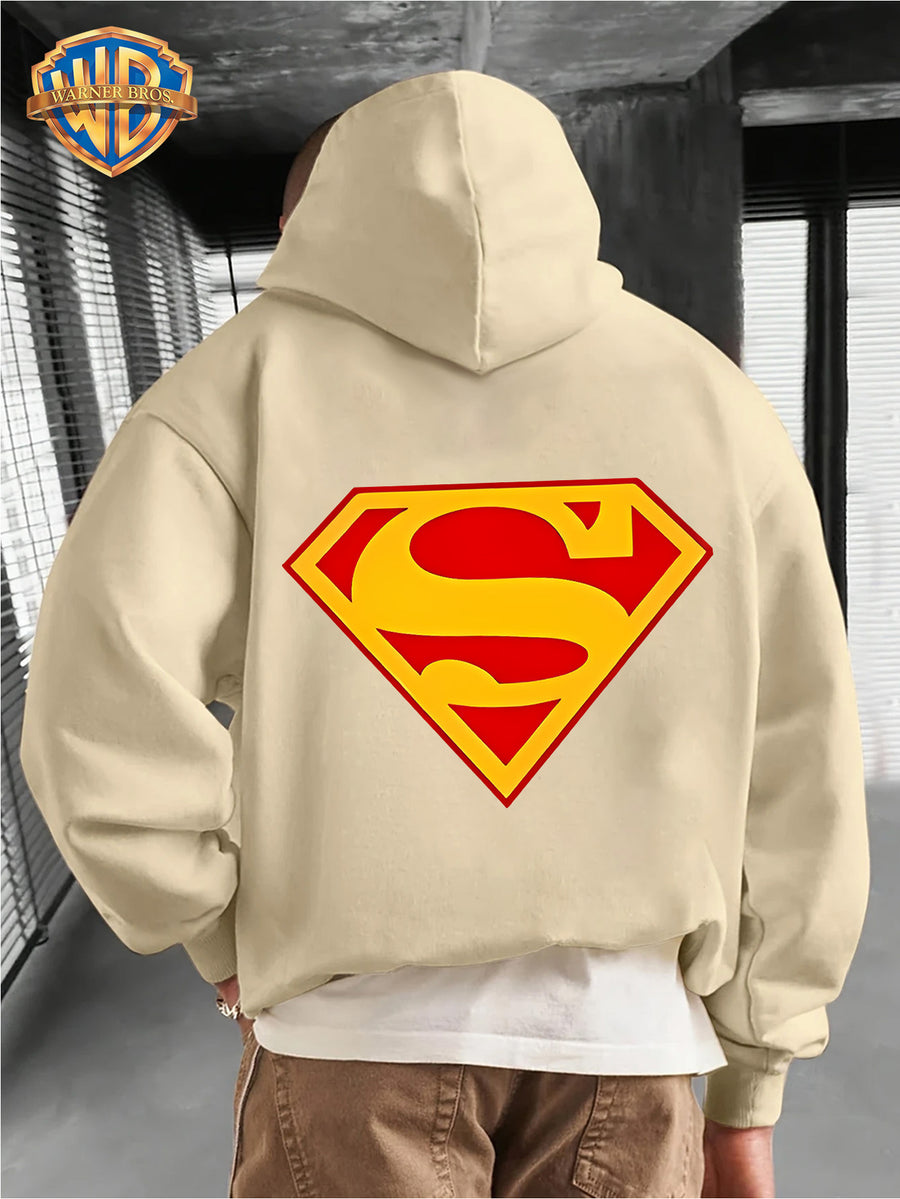 WB Men's Superman 'S' Logo Hooded - Iconic WB Logo & Superman Emblem Print Hoodie, Loose-Fit Casual Pullover with Hood, Fall/Winter Warmth, Machine Washable Suitable for Fall/Winter Warmth, Iconic Superman - Apricot