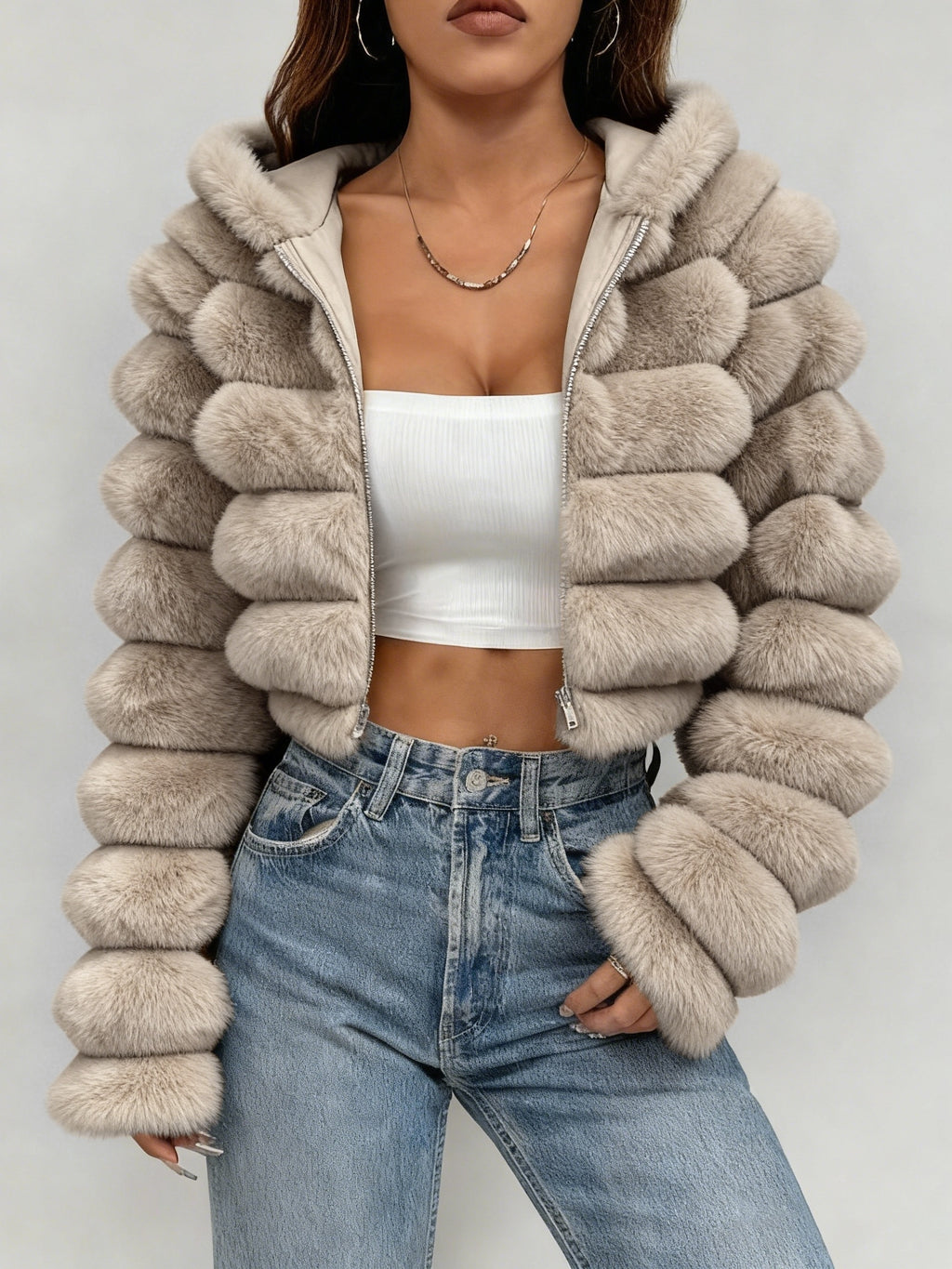 New Autumn/Winter 3D Effect Women's Hooded Plush Jacket, a Stylish and Warm Autumn/Winter Outfit - Khaki