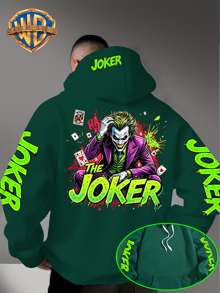 Official Warner Bros. Joker Comic-style Print Featuring Red and Green Ink-splatter Effects and "THE JOKER" Lettering. The Sleeves and Back of the Hood Are Adorned with Green "JOKER" Lettering. This Men's Trendy Printed Hooded Sweatshirt Features - Green