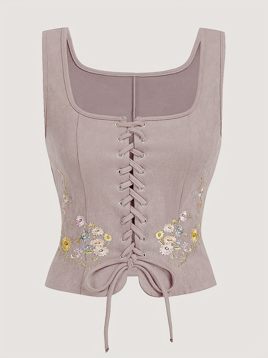 Women's Bohemian Brown & Floral/Leaf//Star/Bird/Bee/Bubblegum/Heart/Starfish/Lace-like Threading Embellished Square Neck Lace-like Top - Short Sleeve Lacing-Front Closure Boho-Chic Blouse for Music Festivals & Parties ( - Pink