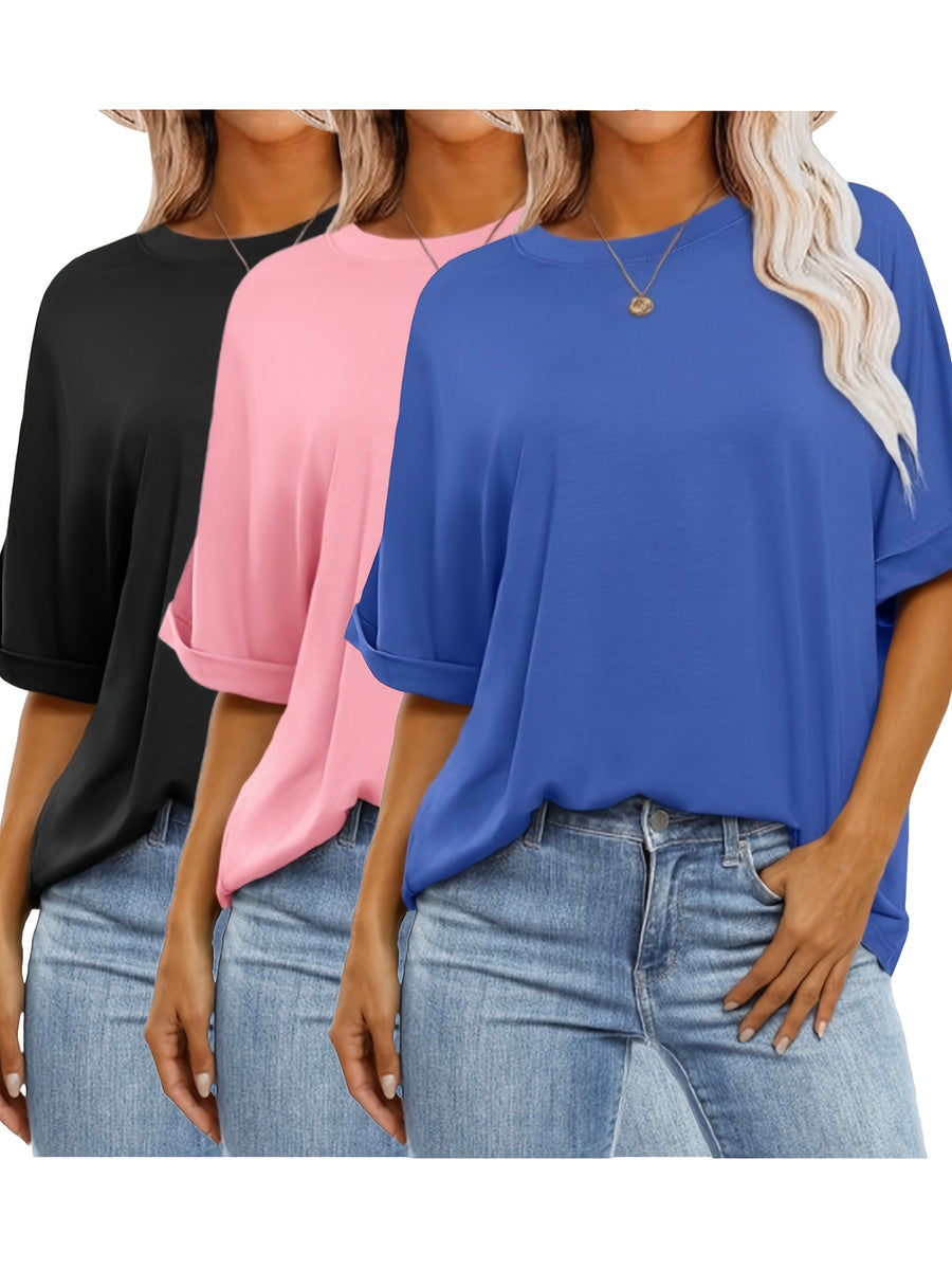 3pcs Women's Oversized Short-Sleeve T-Shirts - Loose Fit Round Neck Summer & All-Season Basic Tees, Solid Color Casual Layering Tops, Machine Washable Comfortable Casual Attire (Bulk Pack) - Neutral Colors Suitable for All Body Types - Mixed Color 4