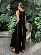 [Size for Regular Fit] Women's Simple Vacation Loose-Fit Comfortable Color-Block Contrast Trim Long Tank Dress - Black