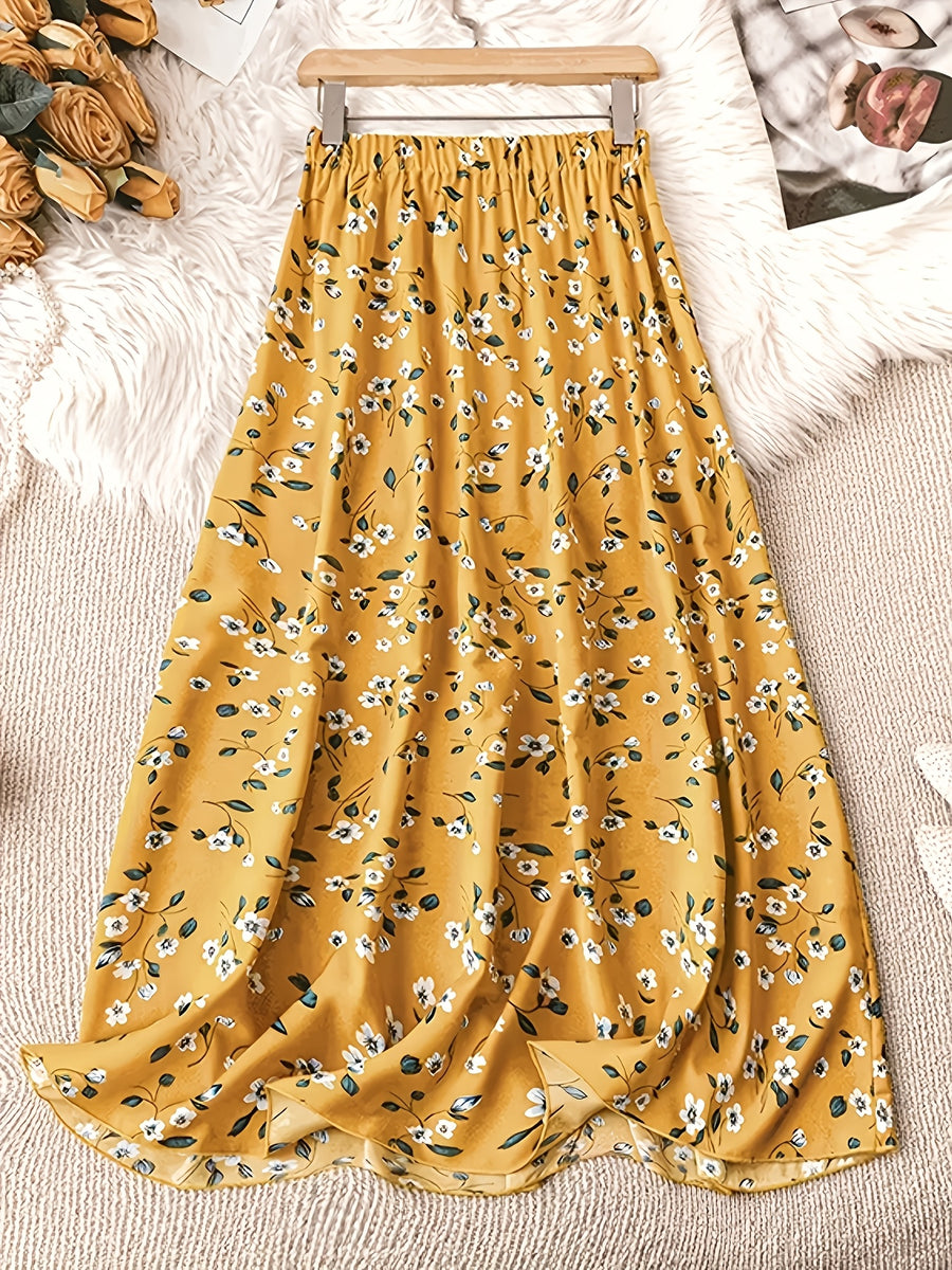 1pc Women'S Floral Print Elastic High-Waist A-Line Skirt - orange yellow