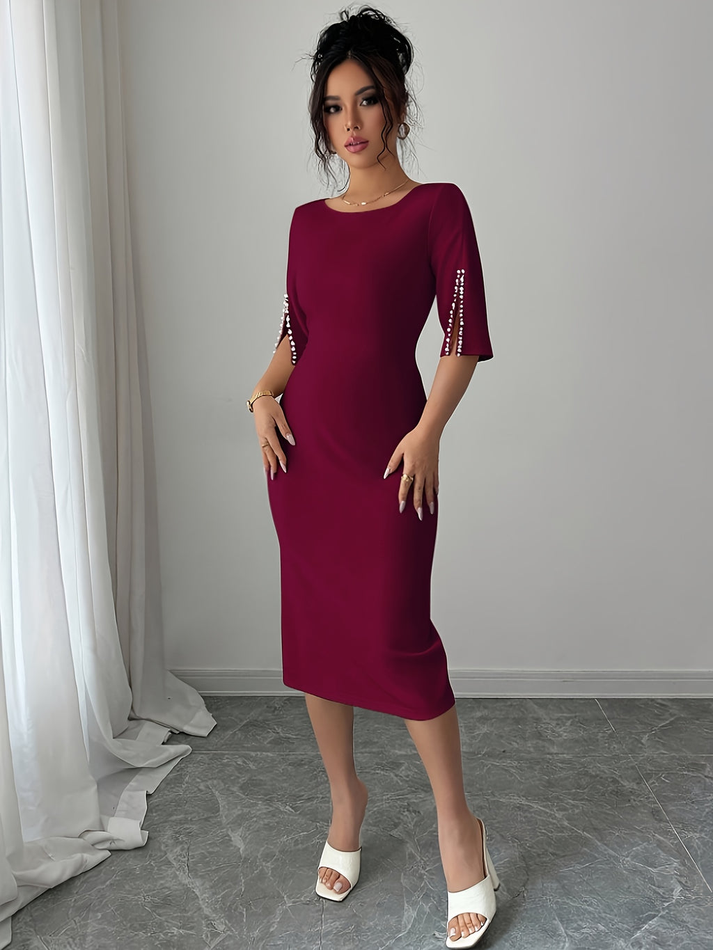 Women'S Pearl Embellished Round Neck Waist Ruffled Elegant Romantic Bridesmaid Dress - Burgundy