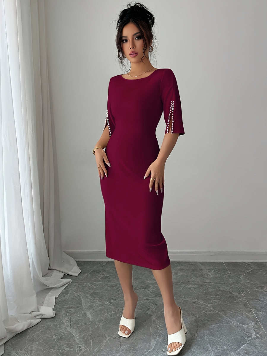 Women'S Pearl Embellished Round Neck Waist Ruffled Elegant Romantic Bridesmaid Dress - Burgundy