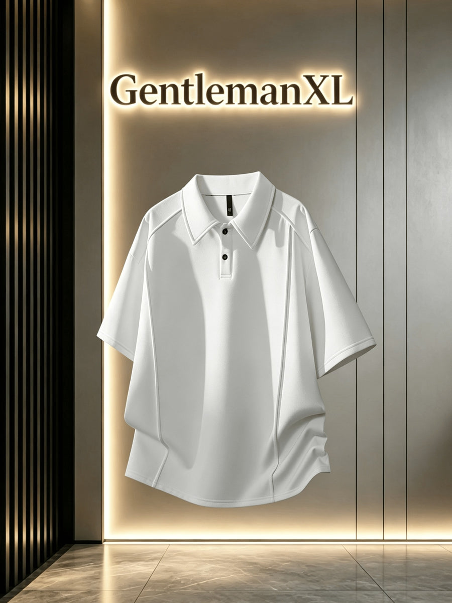 Men'S Summer Asymmetrical Cutout Lapel with Double-Button, Unisex Off-Shoulder Loose Curved Hem Drapey Short-Sleeve T-Shirt - White