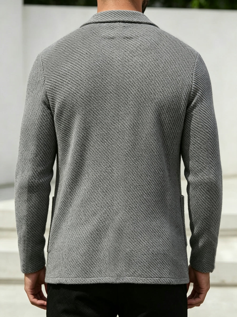 Whale Crossing OBM Men's New Spring, Autumn, and Winter Collection: Twill Textured Fabric Notched Lapel Cardigan, Single-Breasted with Double Pockets, Business Casual Versatile Long-Sleeve Knit Outerwear. Soft, Comfortable, and Stylish Solid-Colored - Grey