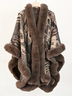 Women's Faux Trim Cape Shawl, Pea Rooster Pattern Acrylic Poncho Wrap, Open Front Sleeveless Fall Winter Outerwear - Khaki