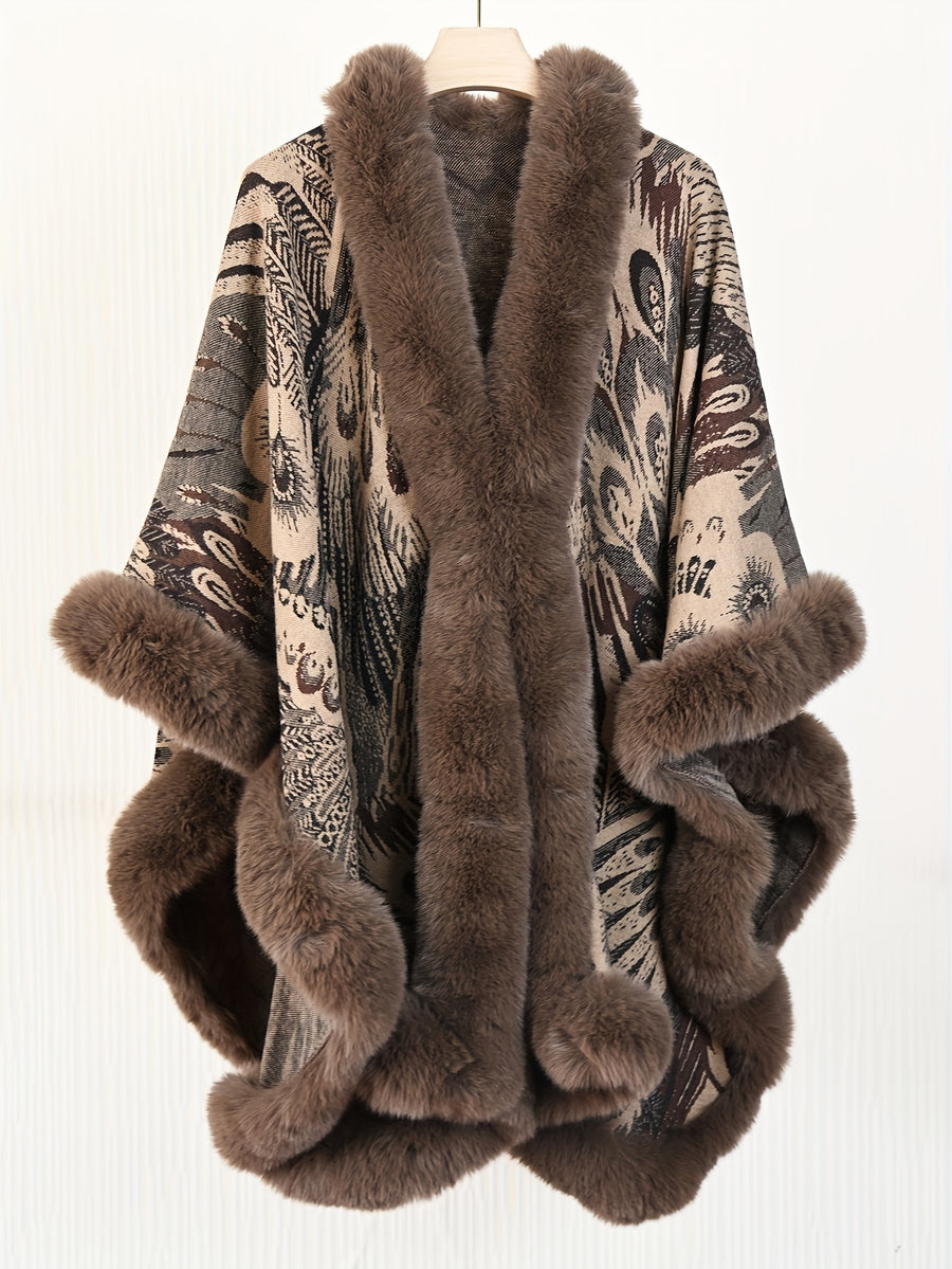 Women's Faux Trim Cape Shawl, Pea Rooster Pattern Acrylic Poncho Wrap, Open Front Sleeveless Fall Winter Outerwear - Khaki