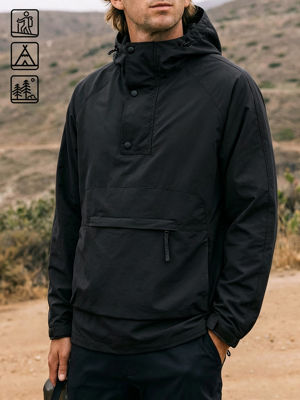 Men'S Spring Autumn Outdoor Casual Hooded Jacket - Black
