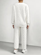 Drop-shoulder Round-neck Long-sleeve Sweatshirt with Patchwork, Y Long Pants Casual Set - White