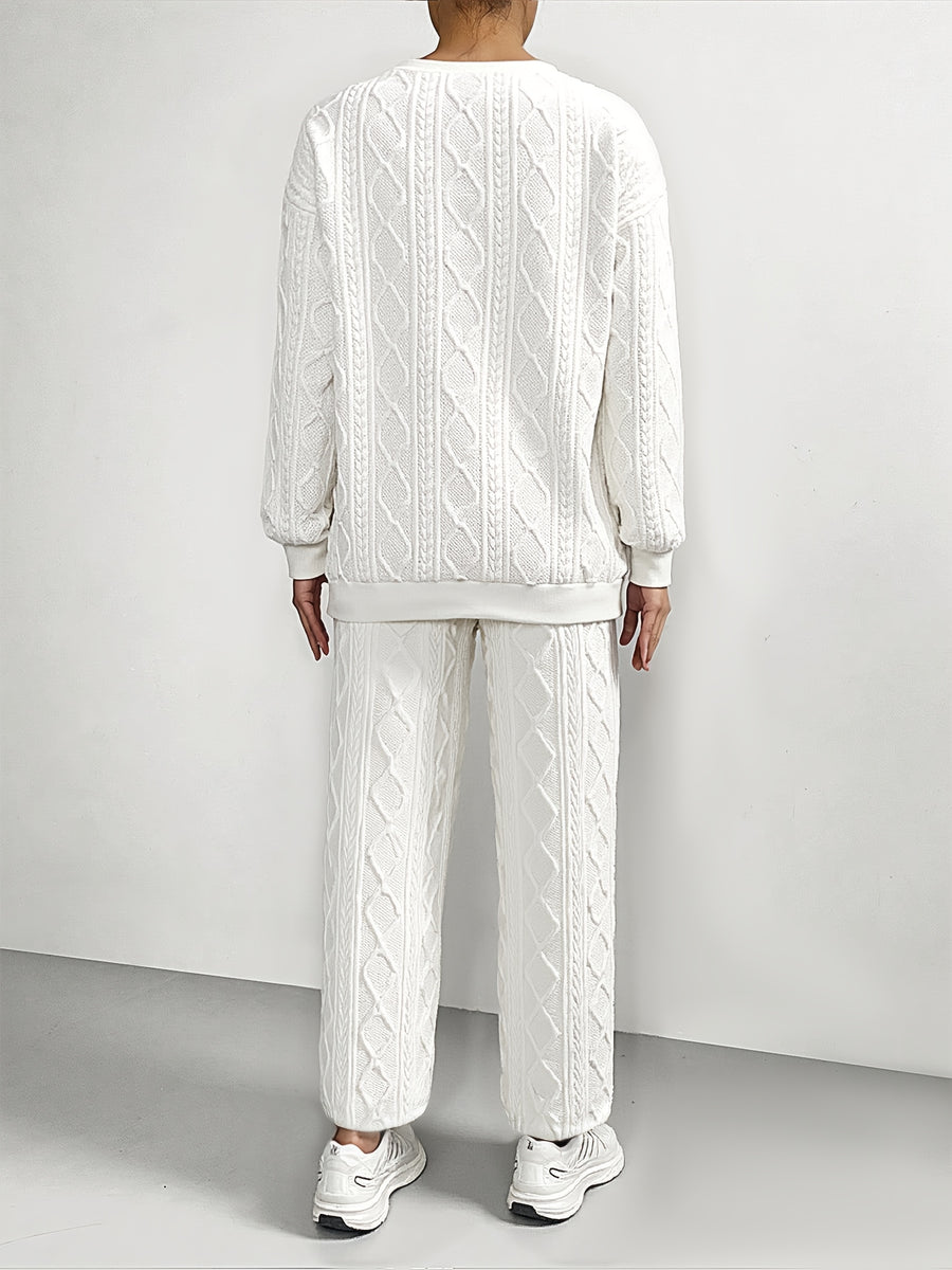 Drop-shoulder Round-neck Long-sleeve Sweatshirt with Patchwork, Y Long Pants Casual Set - White