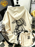 [Warner Bros] Licensed Men'S New Trendy Hoodie Sitting Drinking Milk Tea Rabbit Pattern Print Casual Hoodie, Daily Drawstring Loose Pullover Top, Machine Washable All-Match Sports Casual Men'S Top - Apricot