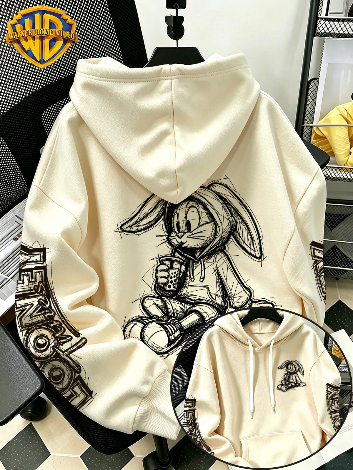 [Warner Bros] Licensed Men'S New Trendy Hoodie Sitting Drinking Milk Tea Rabbit Pattern Print Casual Hoodie, Daily Drawstring Loose Pullover Top, Machine Washable All-Match Sports Casual Men'S Top - Apricot