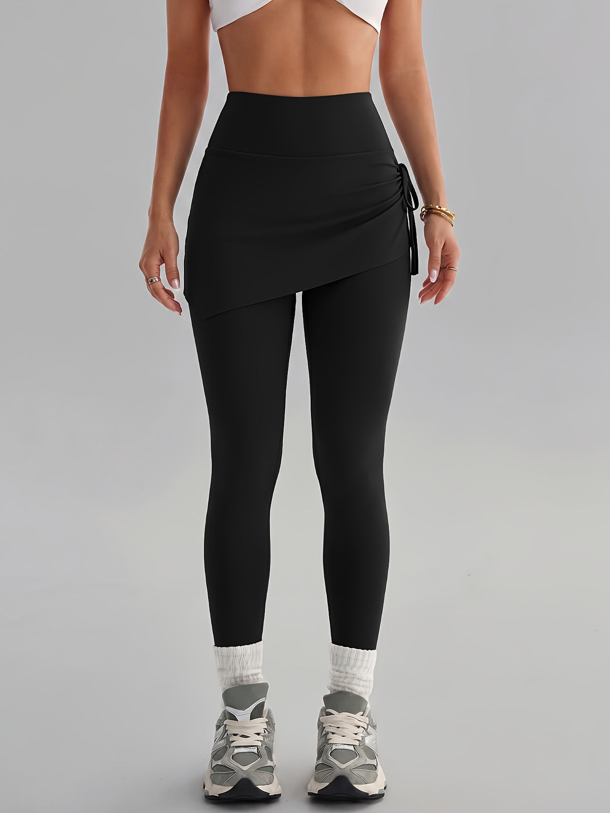 Women'S Faux Two-Piece Pants, Easter New Style Trousers, Tie-String High-Waist Pleated Design, Breathable Comfortable Fabric, Suitable for Cycling, Fitness - Black
