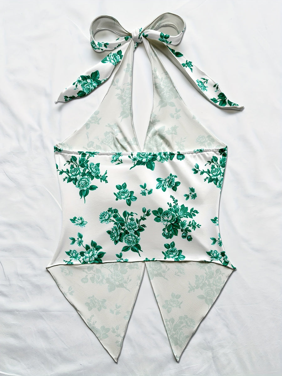 Women'S Spring/Summer Fall Boho Beach Vacation Outfits Marine Floral Leopard Print Trim Bustier Slim Fit Camisole Halter Top, Y2K Vintage Concert Outfit - Emerald Green