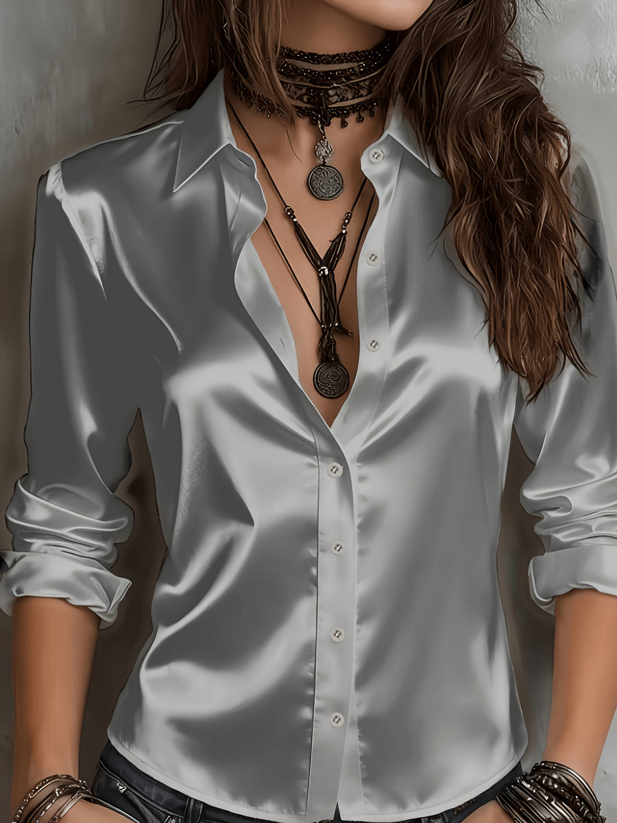 Women'S All-Season Temperament Commuter Satin Shirt - Silvery Grey