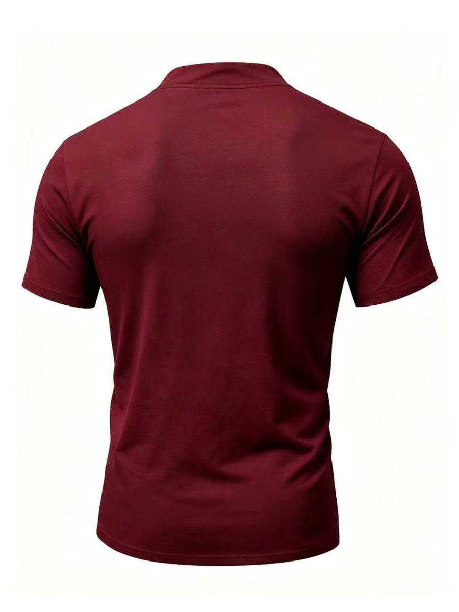 Men's Henry Neck Cross-Strap Short Sleeve T-Shirt with Mesh Line Print, Soft and Comfortable Fabric, American Trendy Design, Suitable for Dating, Commuting, and Casual Occasions, Creating a Clean, Casual, and Refreshing Look - Burgundy