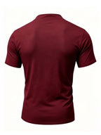 Men's Henry Neck Cross-Strap Short Sleeve T-Shirt with Mesh Line Print, Soft and Comfortable Fabric, American Trendy Design, Suitable for Dating, Commuting, and Casual Occasions, Creating a Clean, Casual, and Refreshing Look - Burgundy