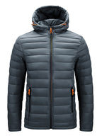 Men's Winter Padded Coat, Hooded Padded Top, Warm Quilted Jacket with Colorful Zipper Pockets - Grey