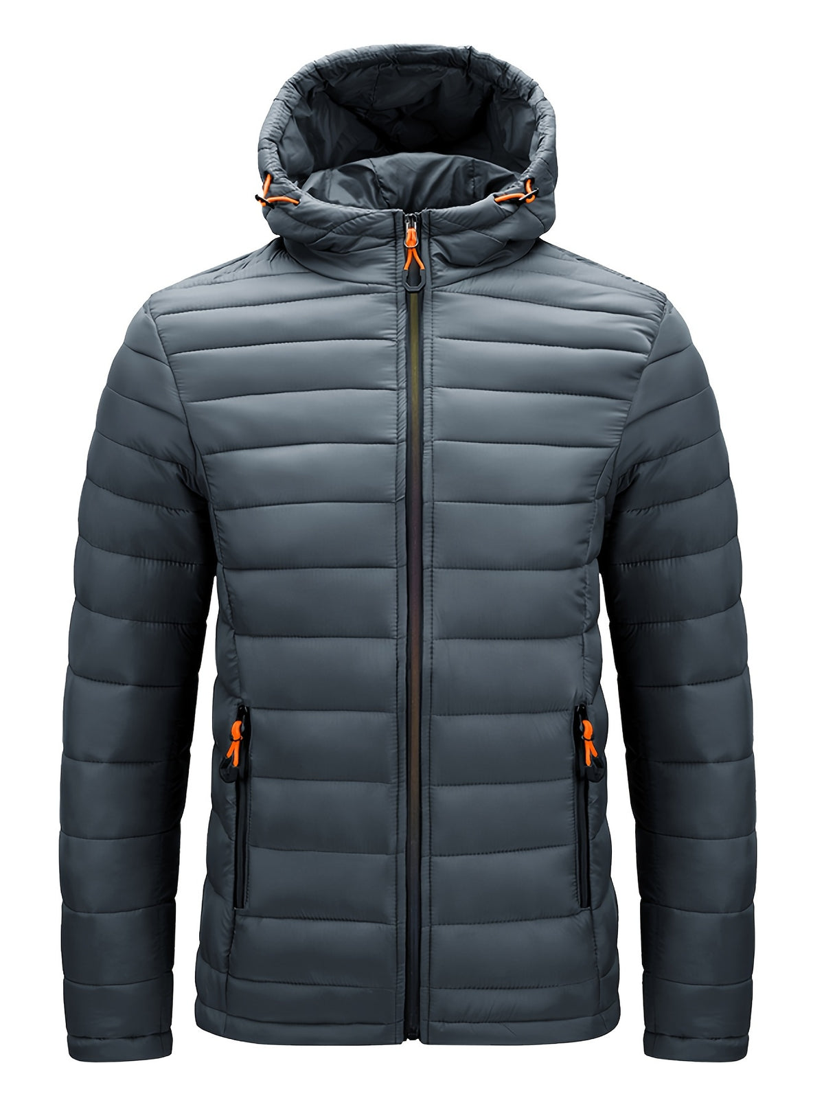 Men's Winter Padded Coat, Hooded Padded Top, Warm Quilted Jacket with Colorful Zipper Pockets - Grey