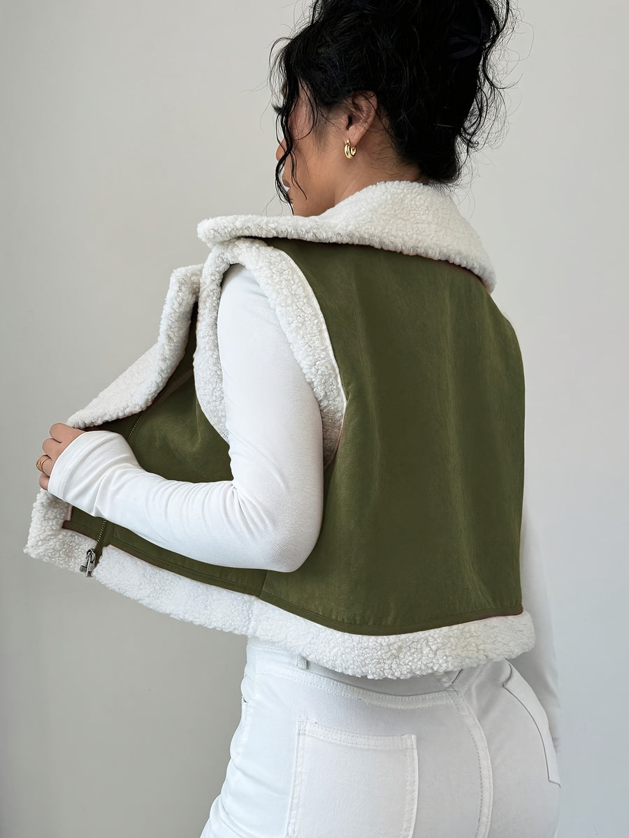 Women's Short Faux Lamb Sleeveless Vest Coat - Green