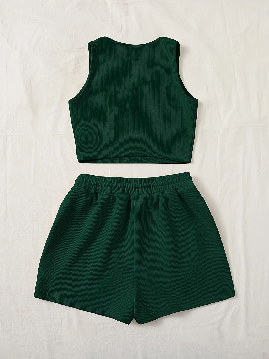 Women'S Green Sleeveless Tank Top & Drawstring Shorts Set - Casual, Solid Color, All-Season Wear, Casual Attire|Minimalist Style| - Dark Green