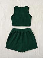 Women'S Green Sleeveless Tank Top & Drawstring Shorts Set - Casual, Solid Color, All-Season Wear, Casual Attire|Minimalist Style| - Dark Green