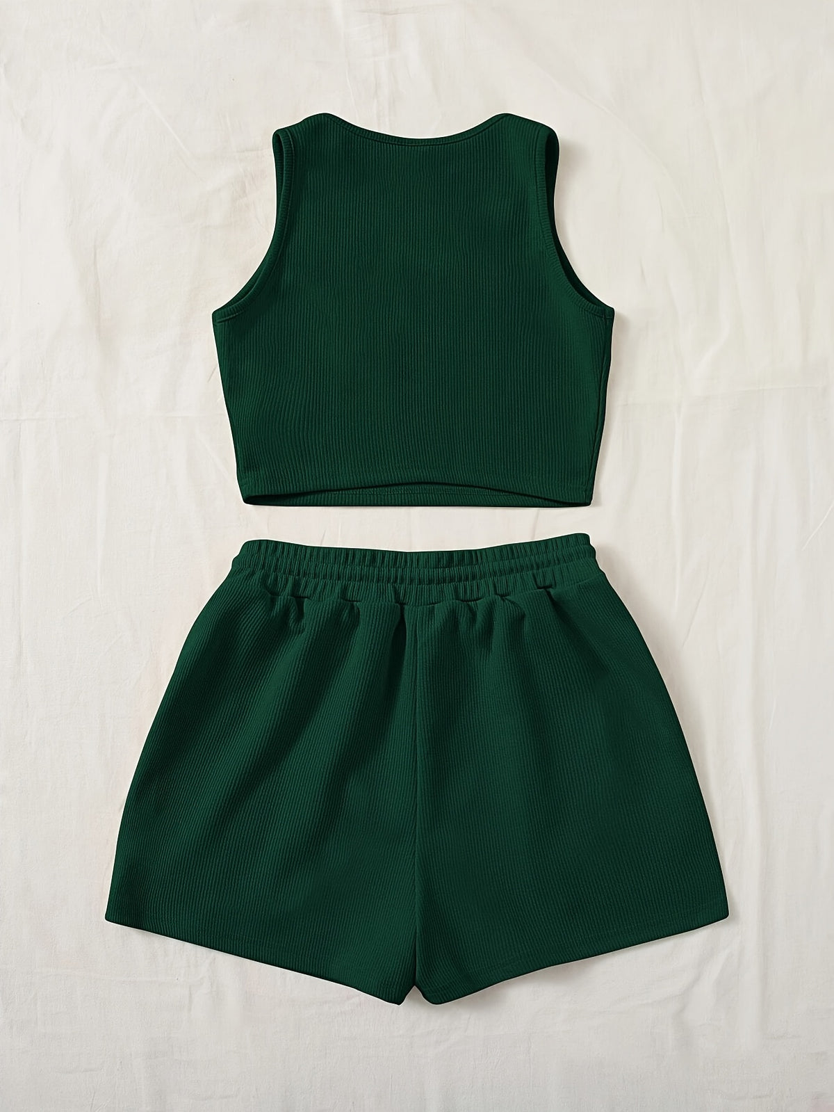 Women'S Green Sleeveless Tank Top & Drawstring Shorts Set - Casual, Solid Color, All-Season Wear, Casual Attire|Minimalist Style| - Dark Green