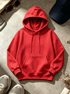 Men's Casual Solid Color Hooded Sweatshirt - Adjustable Drawstring Hood + Front Kangaroo Pocket, Machine Washable Wrinkle-Resistant Fabric, Suitable for Casual Wear and Light Sports, Comfortable Long-Sleeve Hooded Top for Daily Commutes and Outings - Red