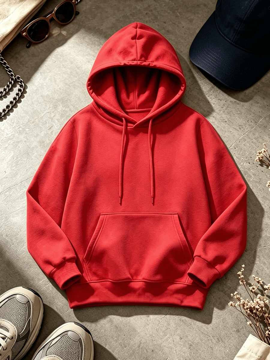 Men's Casual Solid Color Hooded Sweatshirt - Adjustable Drawstring Hood + Front Kangaroo Pocket, Machine Washable Wrinkle-Resistant Fabric, Suitable for Casual Wear and Light Sports, Comfortable Long-Sleeve Hooded Top for Daily Commutes and Outings - Red