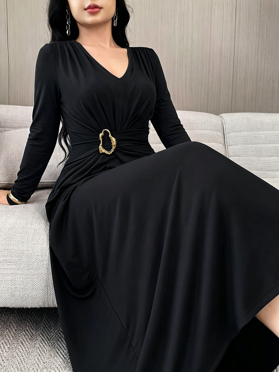 New Autumn Long Sleeve Middle Eastern Style Slim-Fit Sleeveless Waist-Cinching Dress with Metal Buckle Decoration, Long French-Style Light Luxury Commuting and Banquet Dress for Women - Black