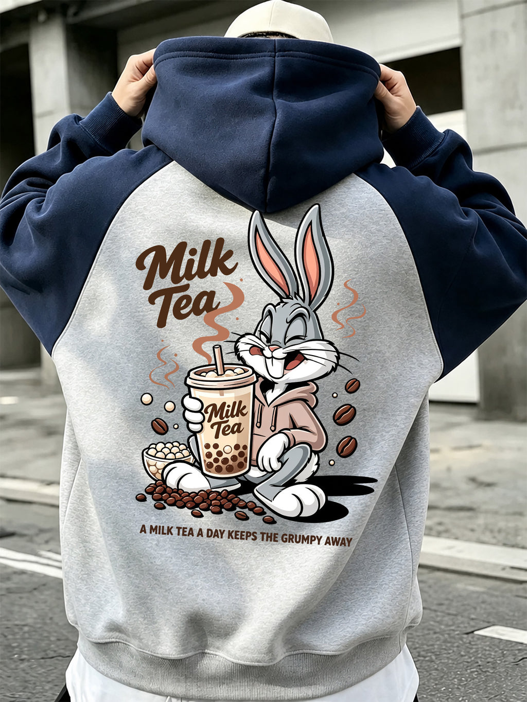Men'S Color-Block Shoulder Ripped Zipper Hooded Sweatshirt, Rabbit Drinking Milk Tea Fun English Cartoon Pattern Front And Back Print Style, Men'S Trendy Cardigan Hoodie, Loose Jacket, Pocket Design, Comfortable, Casual, Commute, Vacation, Premium - Navy Color