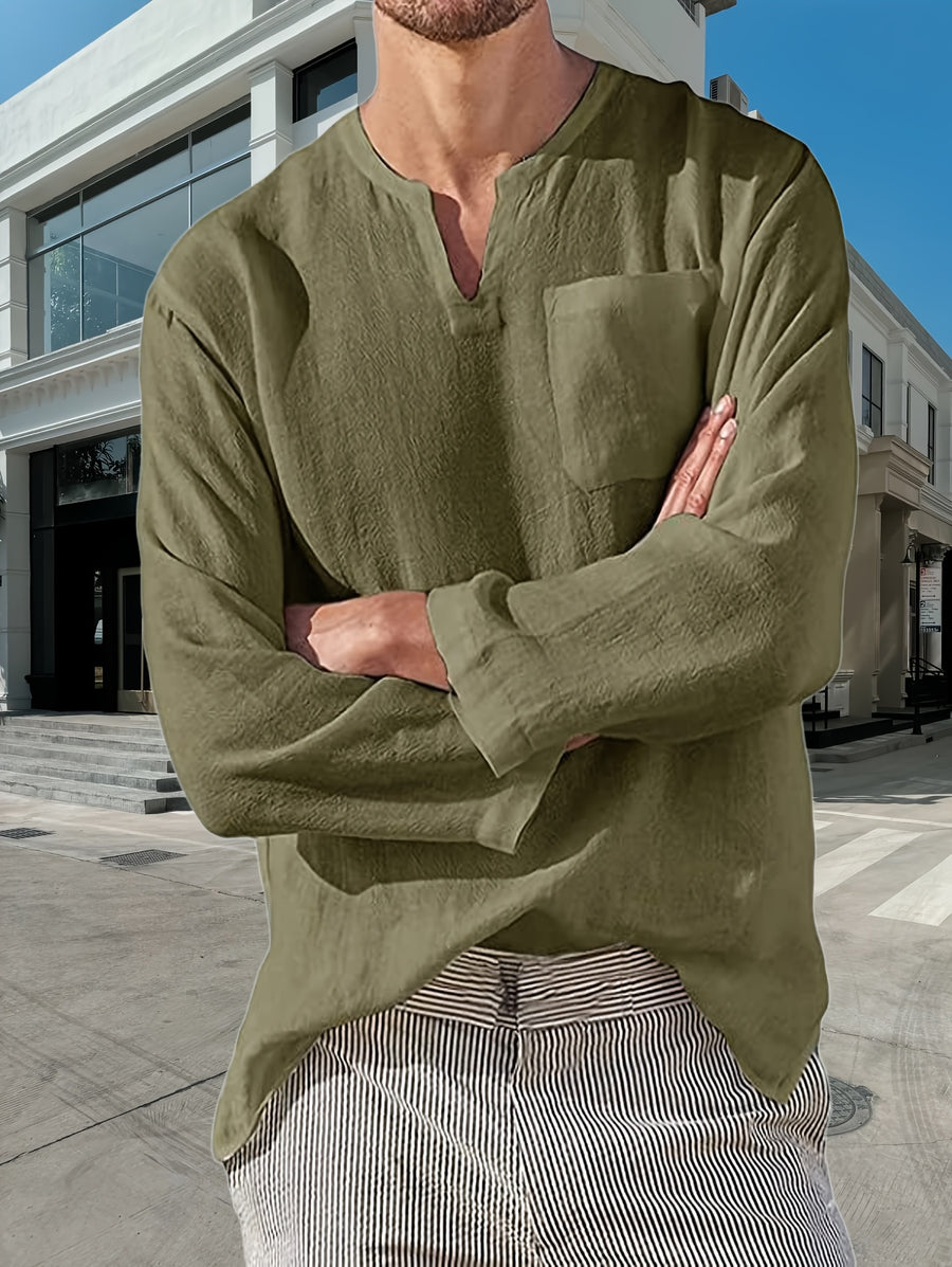 long-sleeved shirt Men's solid color V-neck casual shirt Men's gentle beach Hawaiian pullover breathable comfortable shirt - Olive Green