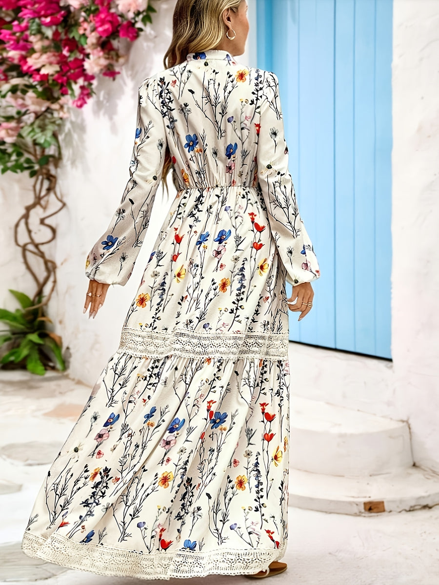 Women's Vacation Floral Print Color-block Lace Long-sleeve Maxi Dress, Fashionable and Elegant Style, Autumn Women's Clothing - Multicolor