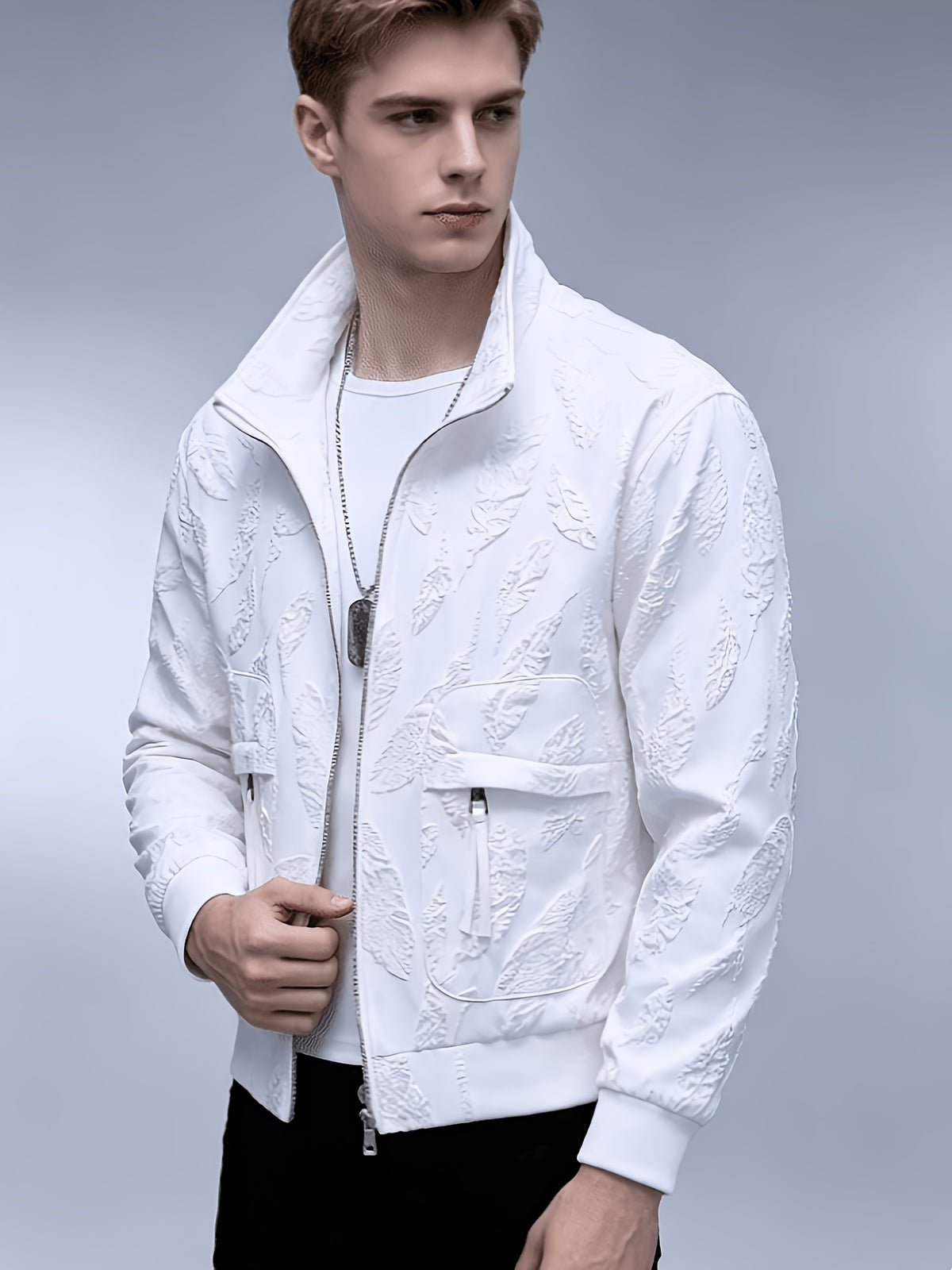 New Autumn And Spring Solid Color Light Mature Style Embroidered Quality Jacket for Men, Slim Fit Youth Korean Style Zip-Up Jacket - White