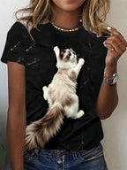 Women'S Summer New Arrival Cute Ragdoll Cat Print Crew Neck Short Sleeve T-Shirt, Casual Loose Fit, Comfortable And Durable, Machine Washable, Versatile for Daily, Sports, And Vacation Wear - Black