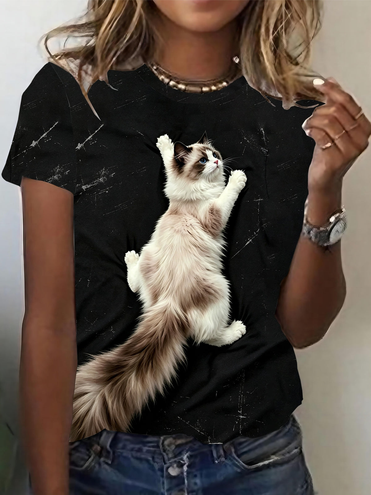 Women'S Summer New Arrival Cute Ragdoll Cat Print Crew Neck Short Sleeve T-Shirt, Casual Loose Fit, Comfortable And Durable, Machine Washable, Versatile for Daily, Sports, And Vacation Wear - Black