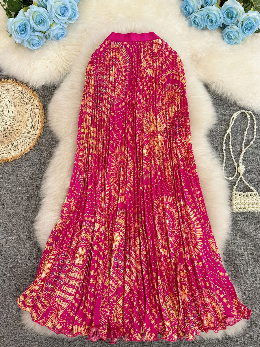 Summer High-End Print Long Dress Pleated Large Swing Skirt - Rose Red
