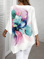Casual Loose-Fit Shirting Top | Autumn-Winter Collection, Crew Neck, Print Pattern - White