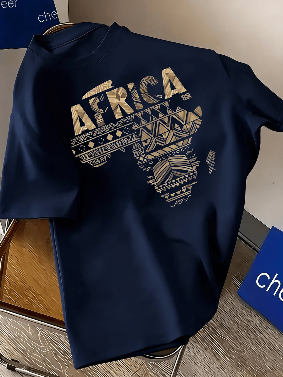 Men'S Heavyweight High Street American Retro AFRICA African Totem Design Short Sleeve Tee, Summer Relaxed Casual Versatile Shirt - Navy Color