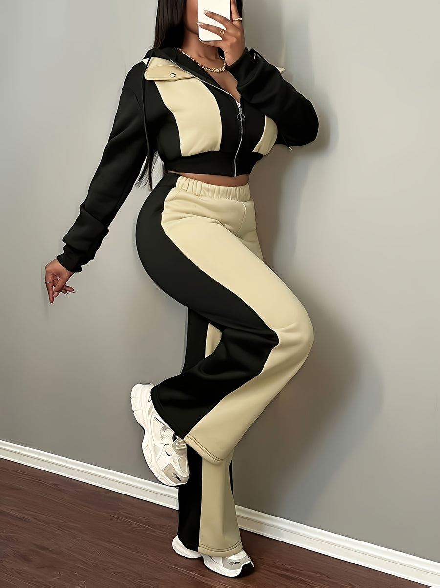 Autumn-Winter Fashion Color Block Hooded Sweatshirt and Pants Set - Black With Apricot Yellow