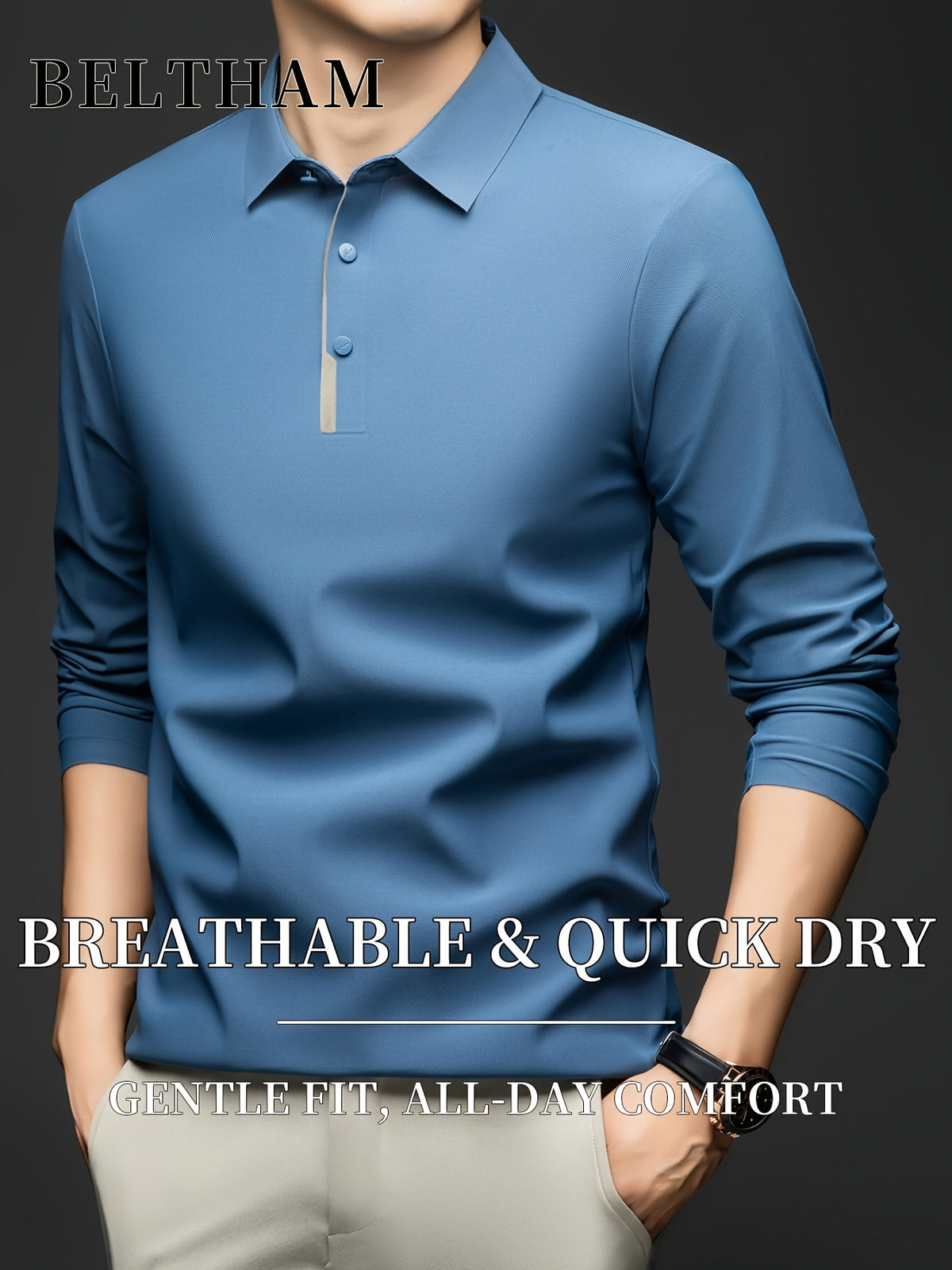 Spring Summer Autumn Men'S Long Sleeve Polo Shirt, Ice Feel Moisture Wicking Breathable Quick Dry Top, Versatile Apparel for Daily Casual Business Sports Golf Fishing Camping Outdoor Wear - Grey-blue