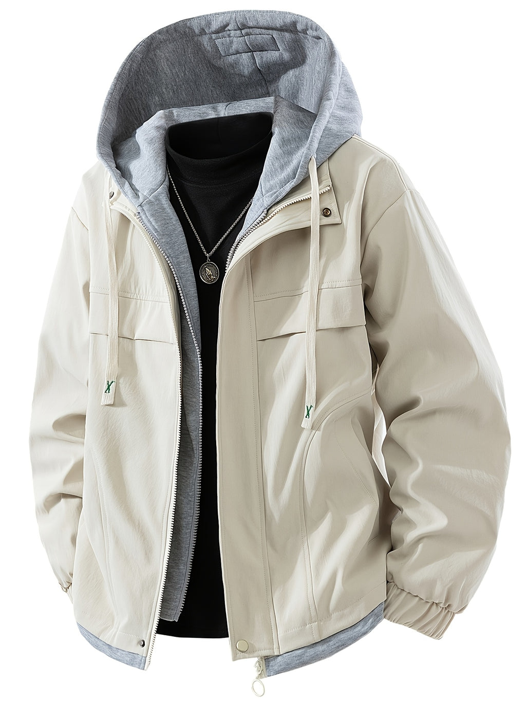 Men's Casual Hooded Jacket, Trendy and Versatile, Suitable for Outdoor and Daily Wear, Faux 2pcs Design, Spring and Autumn Style - White