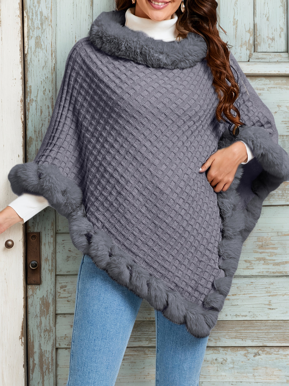 Elegant Special Edition "Pure Body Bust" - 1pc Elegant Women's Solid Color Waffle Shawl Pullover, 100% Polyester Fiber, Faux Trim Collar Patchwork, Stylish and Elegant European/American Style Warm Pullover, Suitable for Autumn/Winter - Grey