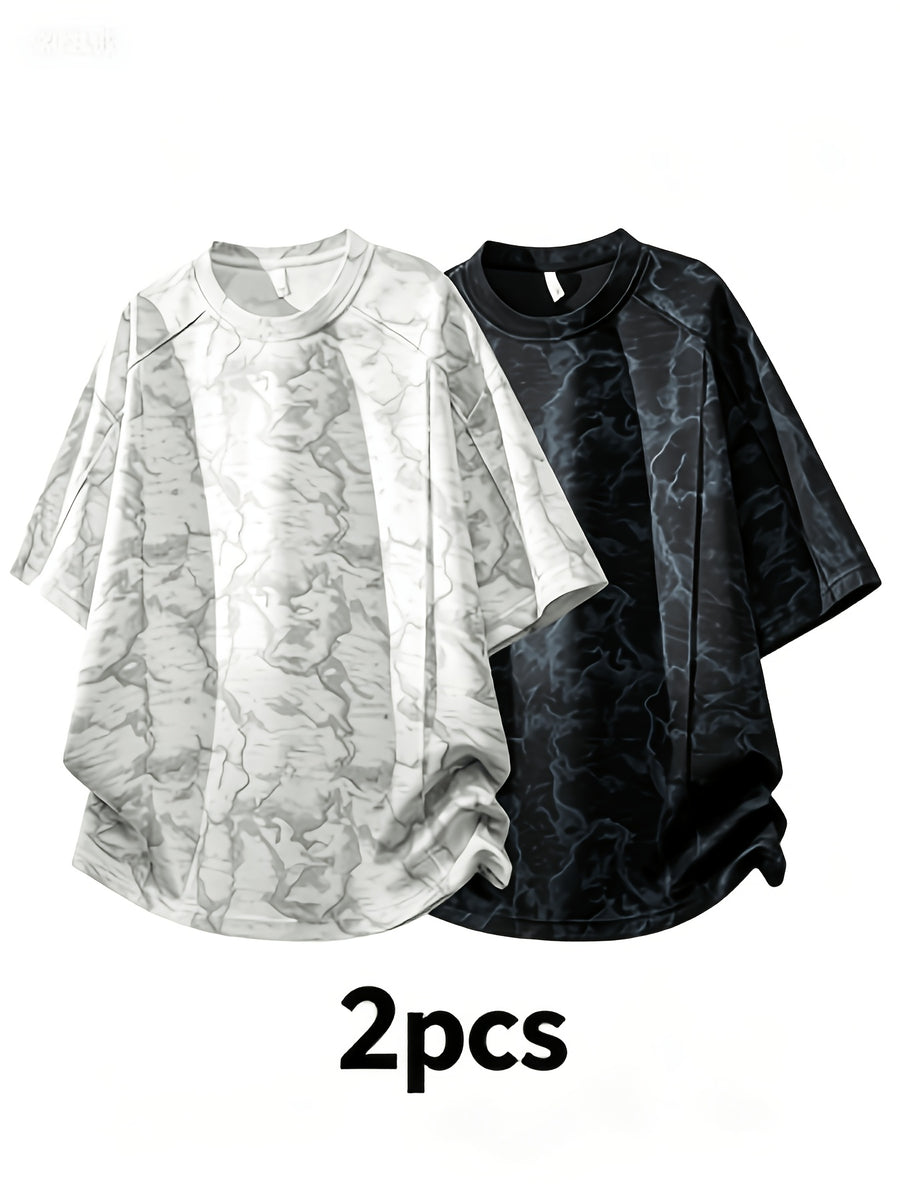 2pcs Summer New Short-Sleeved T-Shirt Men'S Round Neck Loose Ice Fiber Fabric T-Shirt Tie-Dye Gradient Pullover - White Flower Gray Black
