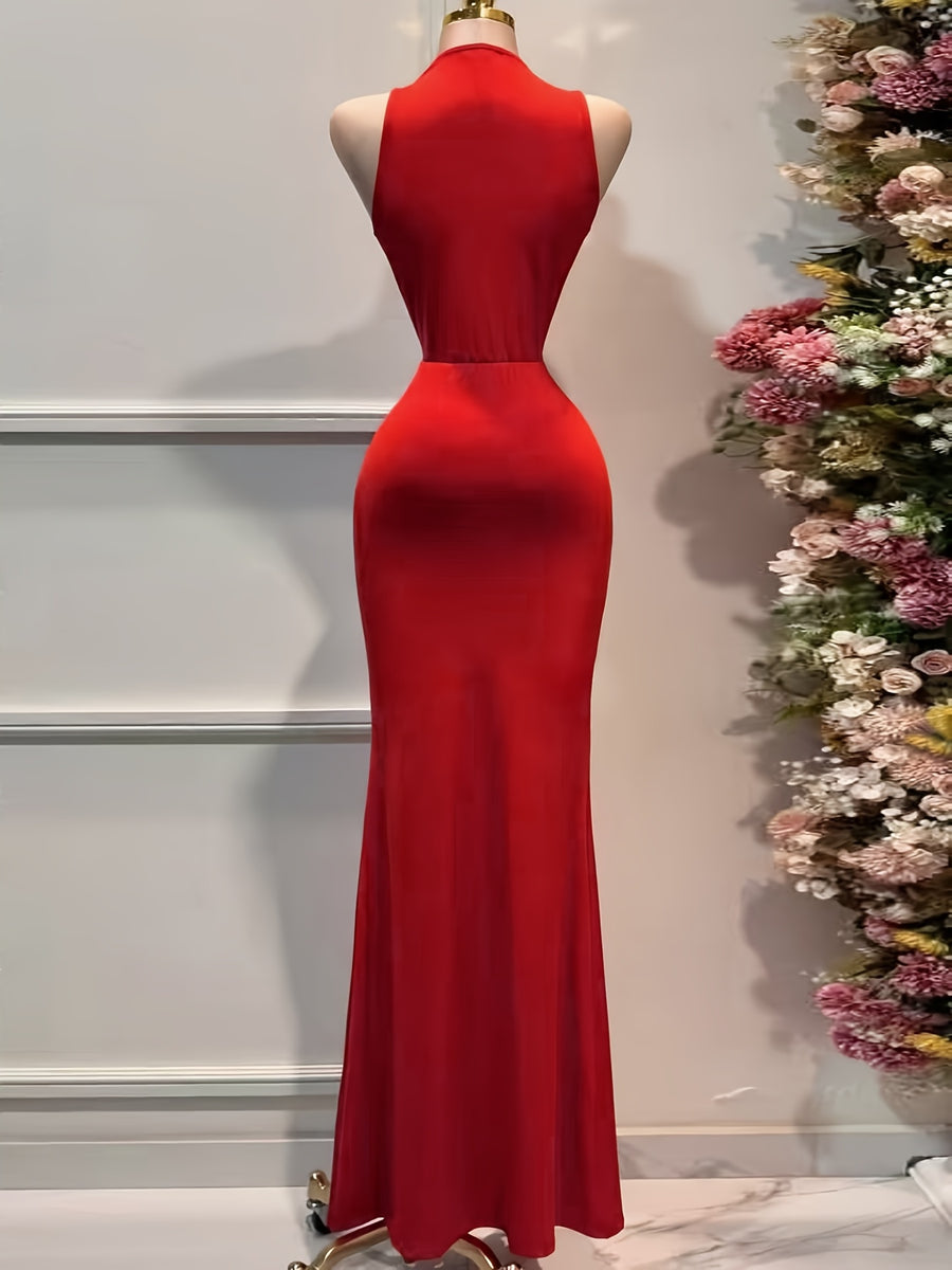 Women's Elegant Solid Color Satin Deep V-Neck Dress with Twist Knot Waist & Pleated - Cinching Wedding Bridesmaid Dress Suitable for Parties, Banquets, Prom, Special Occasions - Machine Washable Formal Attire - Burgundy